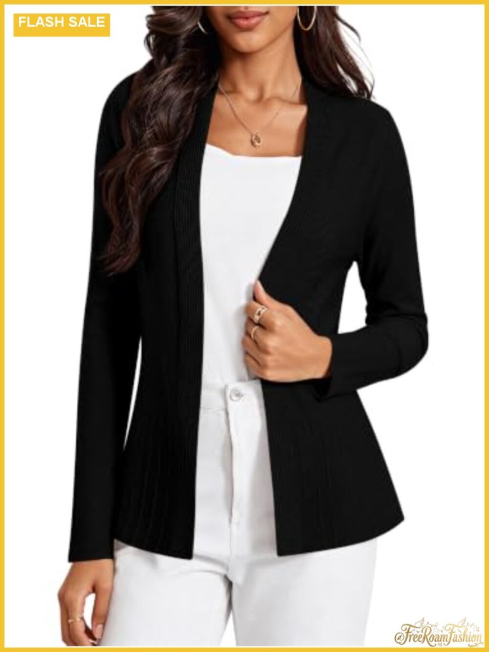 Lightweight Open Front Cardigan Ruffle Hem V-Neck A-Line Sweater